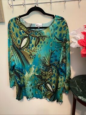 ALL HOURS Green Teal Abstract Print Women's Top Sz XXL with 3/4 Sleeves